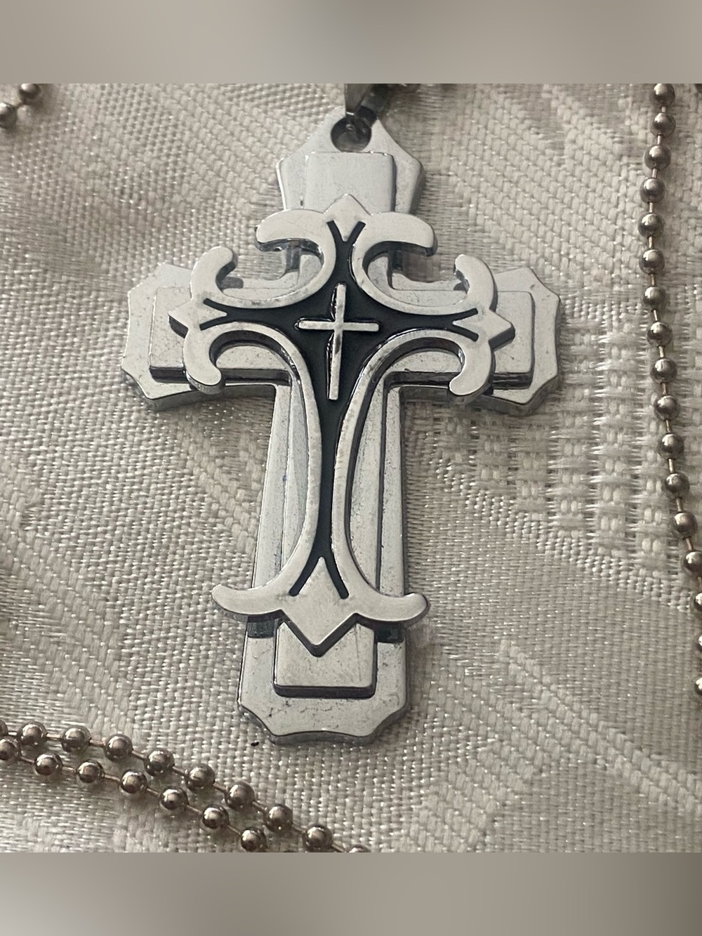 22” Necklace Cross Pendant 2.25”H Silver Tone & Black Stainless Steel Goth